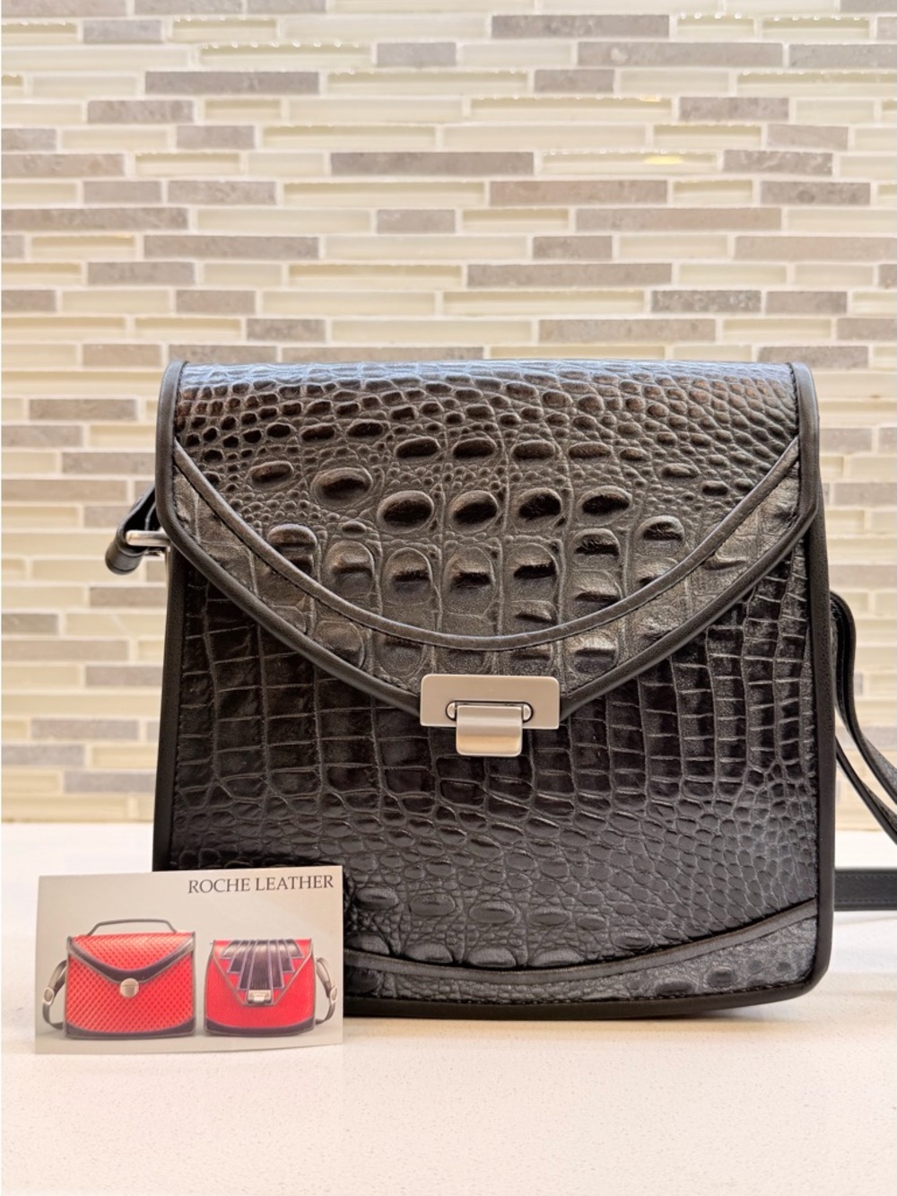Roche Leather Black Croc-Embossed Crossbody Bag